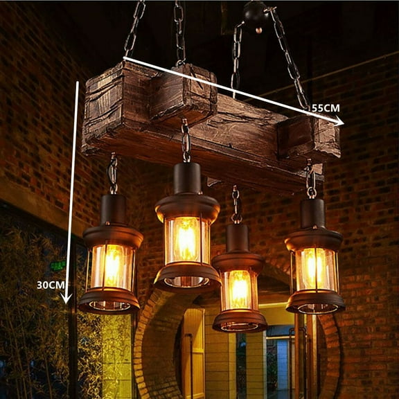 Rustic Wood Chandelier 4 Light Industrial Pendant Lamp Hanging Fixtures E26(Bulb Not Included)