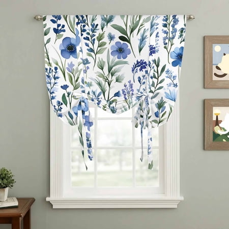 Spring Floral Tie Up Curtain 54 Inches Long Blue Flower Sage Green Leaves Balloon Style Kitchen Window Curtain Over Sink Small Window Rod Pocket Curtain 42 x54