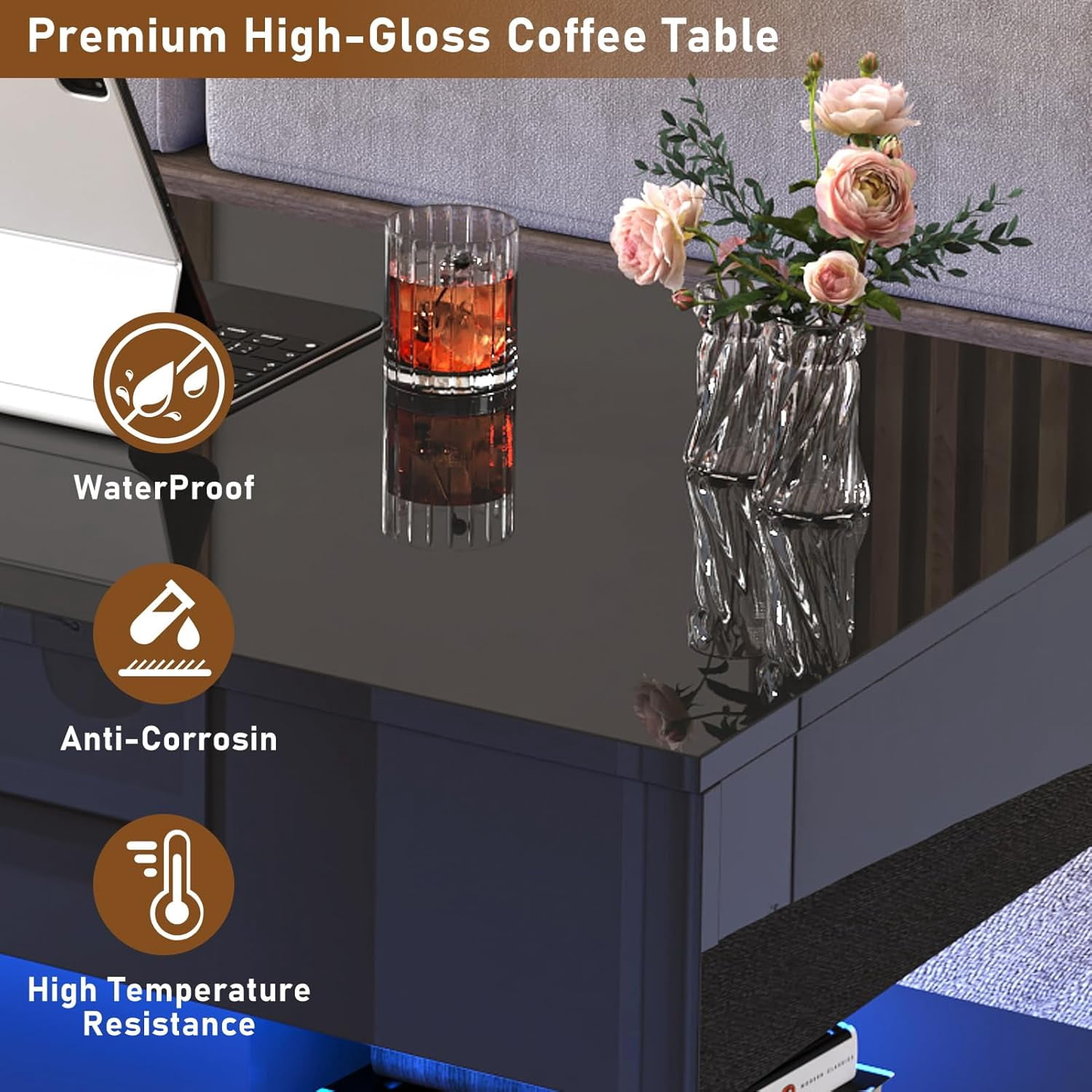 ChVans 39.4" Large Lift Top Coffee Table with Charging Station & LED Lights, Black High Glossy LED Coffee Table with Hidden Compartment Storage, Modern Living Room Tables