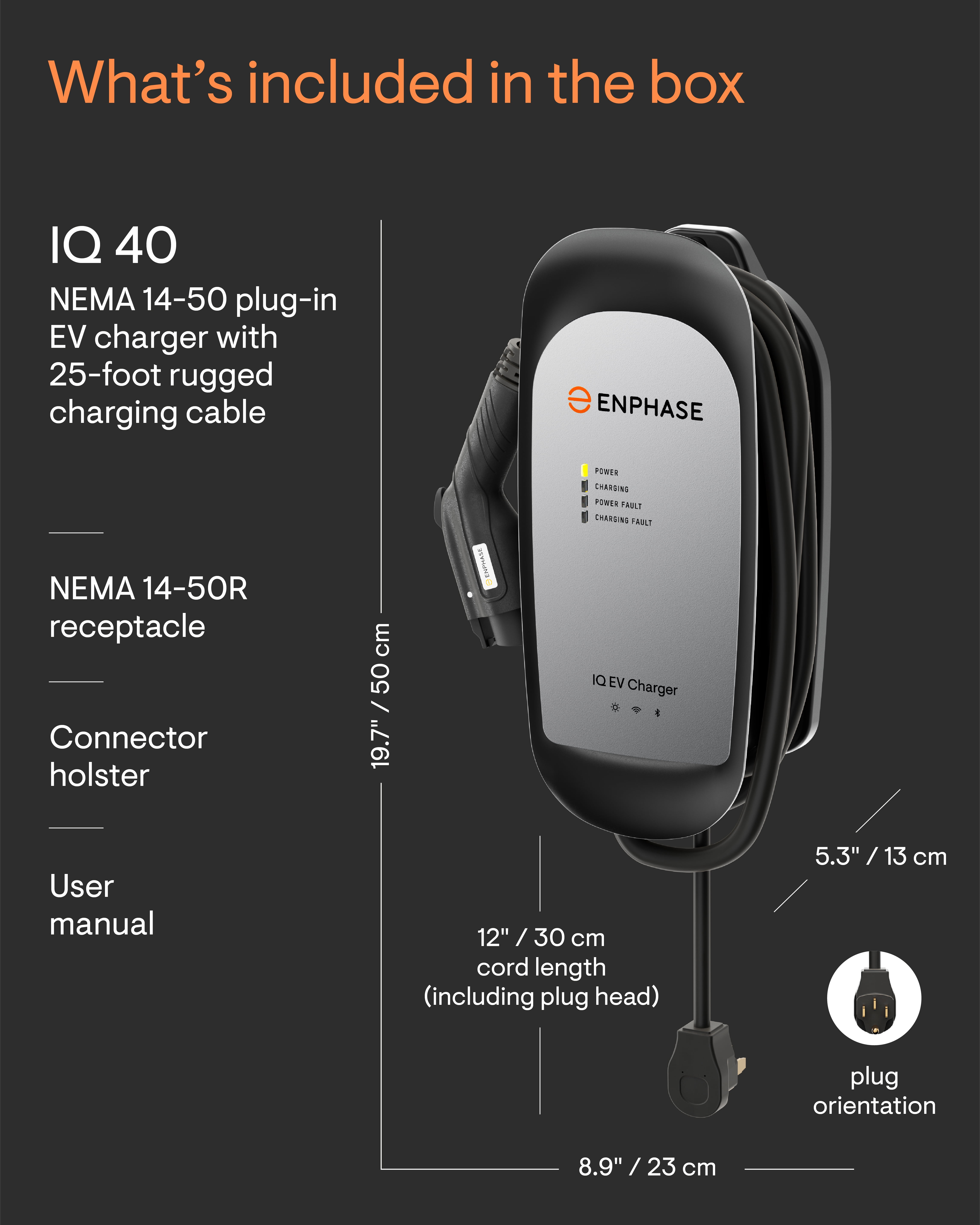 Enphase Smart Level 2 EV Charger with Wi-Fi, Safety Certified, 32 Amp, 240v, NEMA 14-50 Plug, Ruggedized 25ft Cable & J1772 Connector, IQ 40 Home Electric Car Charging Station
