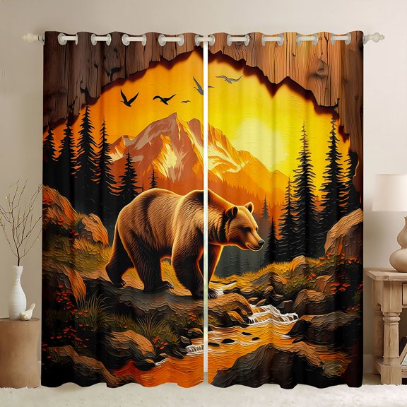 Manfei Sunset Mountain Kitchen Curtains,Safari Bear Black Out Curtains Pack of 2 (42x63 Each),Golden