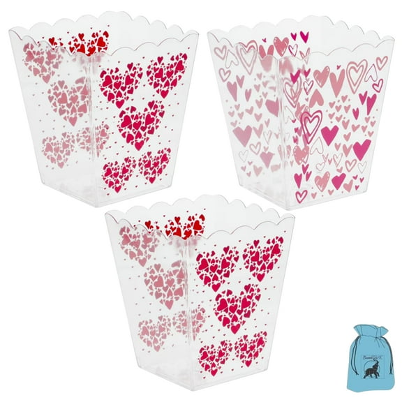 (3) Valentine's Day Popcorn Buckets 2 ct Pack Empty Containers for Home Kitchen Food Serving Snacks Theater Movie Night Holiday Treat Tub Birthday Wedding Party Favors Table Decor Gift Supplies