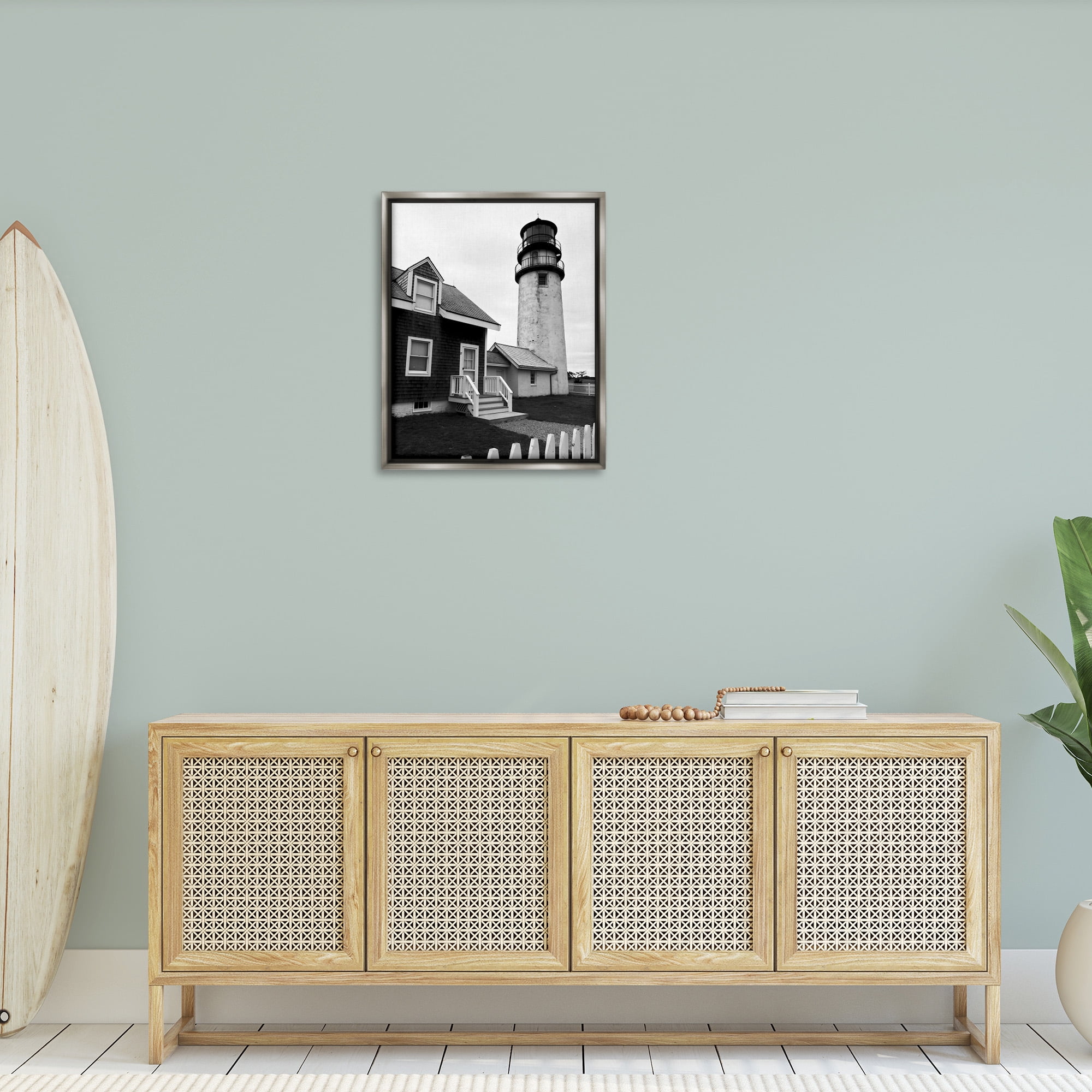Stupell Industries Coastal Lighthouse with Fence Nature Photography Gray Floater Framed Canvas Art Print Wall Art, 25 x 31