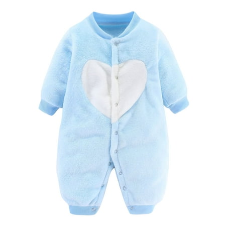 

Glookwis Baby Long Sleeve Onesies Loose Fleece Romper Warm Peach Heart Printed Fall Outwear Outfits Crew Neck Buttons Jumpsuit Blue 80cm