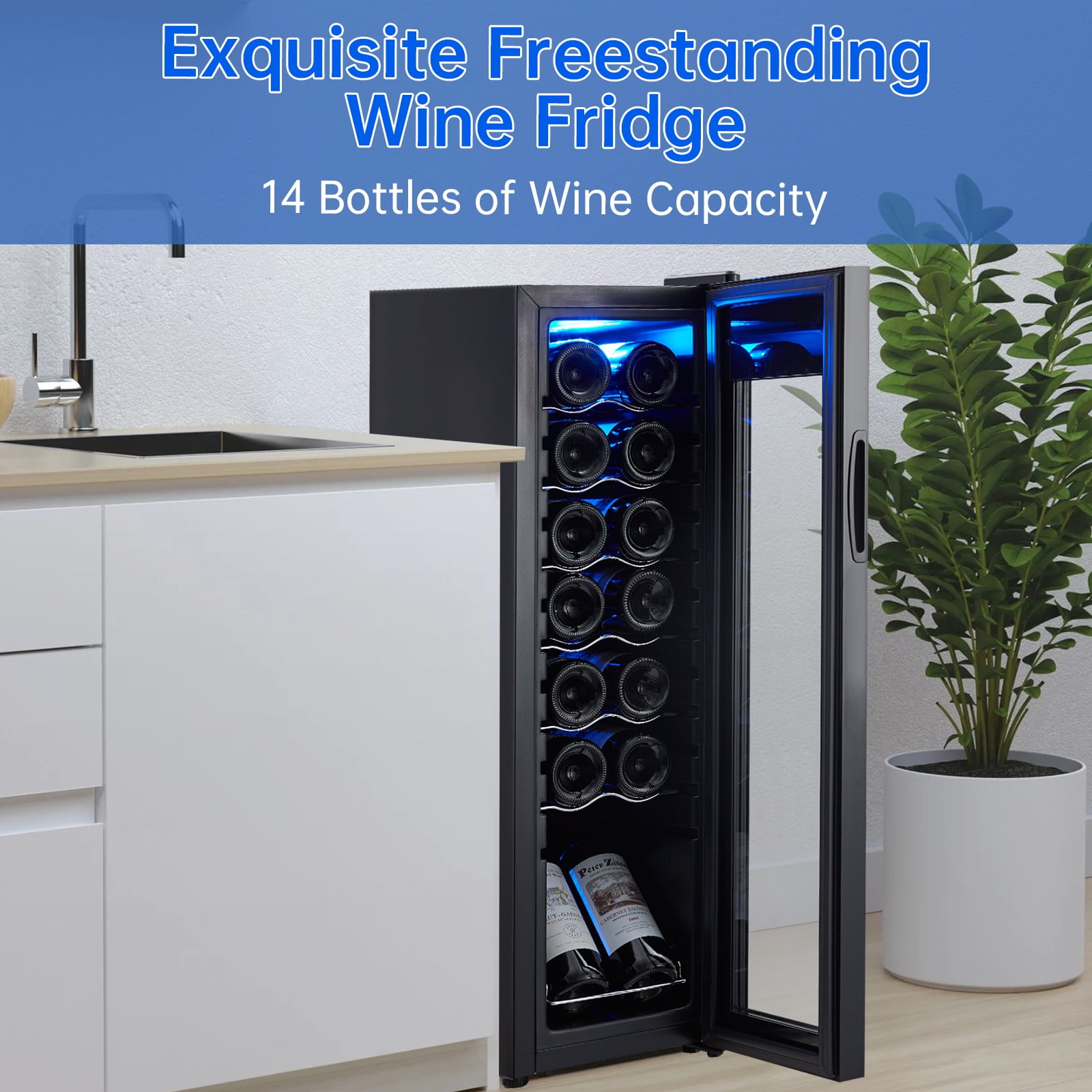 Roromall 14 Bottle Compressor Wine Cooler, Freestanding Beverage Refrigerator, Wine Cellar with Adjustable Temp Control for Red, White, and Champagne, Beer, Soda
