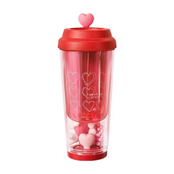 Botella de agua con forma de corazón, reutilizable, moderna, de doble capa, bonita taza para niña, botella de té portátil para fitness, senderismo, rojo