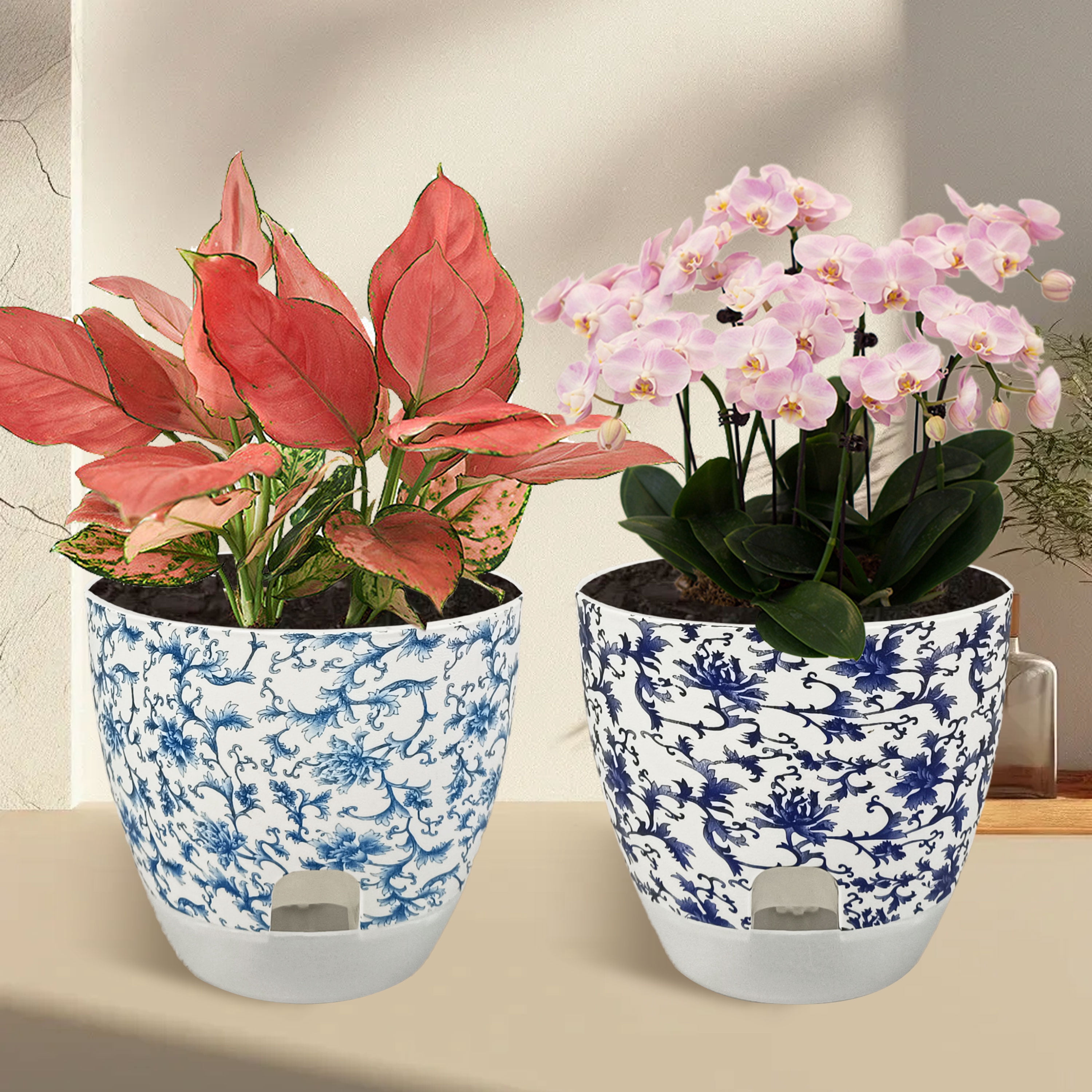 Self Watering Flower Pots Set, 2Pack 6 Inch Self Watering Pots for Indoor Outdoor Plants, Plastic Planter with Drainage Holes and Deep Reservoir for African Violet, Spider, Orchid