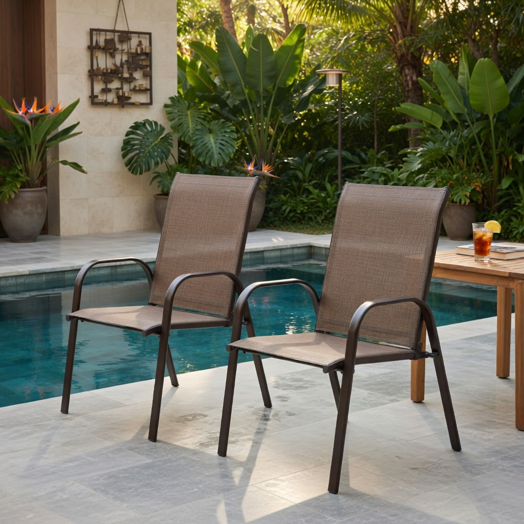 Hommoo 2-Pack Outdoor Patio Dining Chairs with Armrests, Heavy-Duty Steel Frame, Breathable Fabric, Indoor/Outdoor Use, Brown