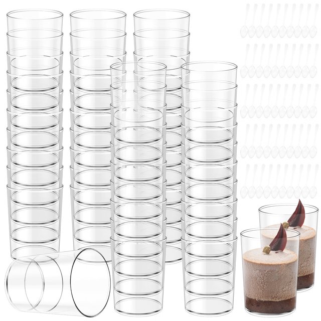 50/100 Pcs Tasses à Dessert avec Cuillères 95ML Mini Tasses à Gâteau Réutilisables Tasses à Parfait Apéritif Tasses Empilables pour Pudding Tasses de Service pour Dessert Pudding Mousse Yaourt Collations