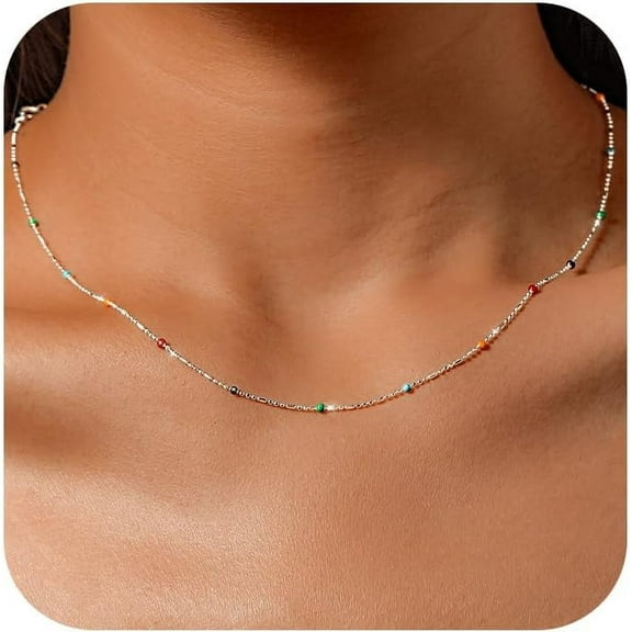 Color Beaded Necklace for Women S925 Sterling Silver CZ Crystal Rainbow Necklace Boho Beaded Choker Necklaces Unique Jewelry Gifts for Women Men Birthday