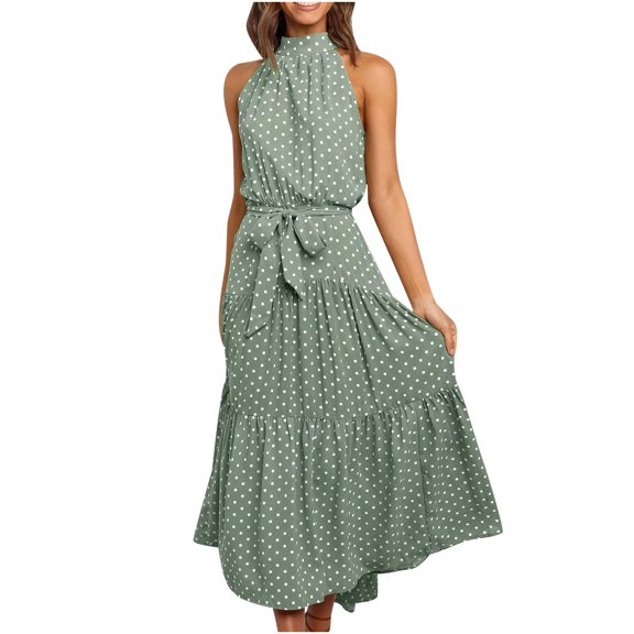IROINNID Round Neckline Dress For Women Sleeveless Fashion Summer Polka Dot Sexy Evening Sling Long Dress Ankle-Length Prints A-Line Dress