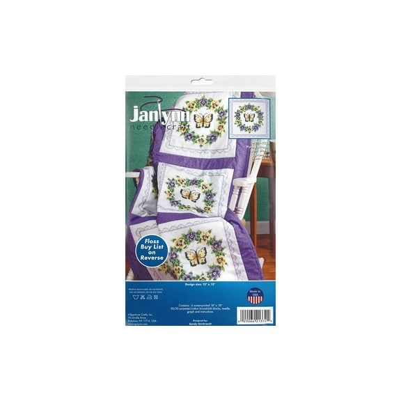 Janlynn Cross Stitch Kit Stamped Quilt Blocks 18" Pansy Wreath 6pc