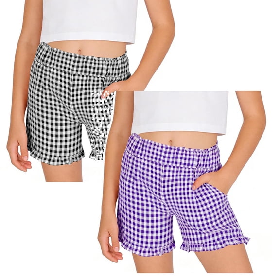 SGMVNU 2 Pack Girls Gingham Shorts Plaid Elastic Waist Ruffle Loose Casual Summer Checkered Bottoms with Pockets, 15-16 Years, Purple, Black
