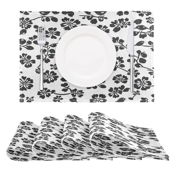 Black Flowers Reversible Placemat Non Slip Coffee Mat 18x12 Inch for Dining, Kitchen, Coffee