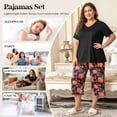 thumbnail image 4 of UNEEI Plus Size Pajamas Set for Women,2 Piece Loungewear Set Floral Sleepwear for Spring Summer Fall,Soft Lightweigh V Neck Short Sleeve Top and Capri Pants, 3XL Black, 4 of 7