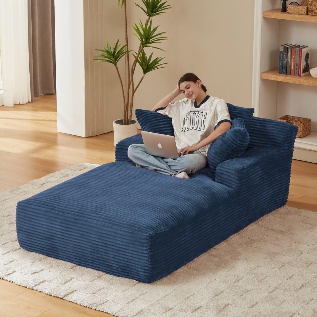 AENKYO 80" Oversized Corduroy Chaise Lounge, Fully Assembled, No Assembly Required, Blue