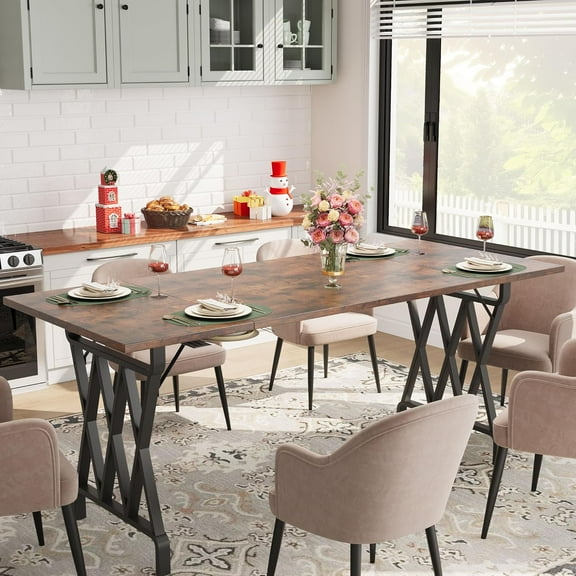 Rustic Farmhouse 72" Dining Table for 6-8 with Flamed Wood Top & X-Shaped Metal Base, for Kitchen, Dining Room, Family Gatherings