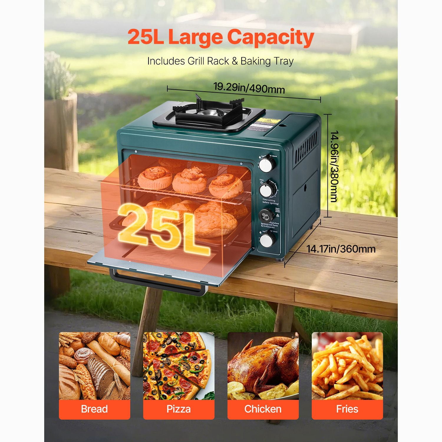 2-in-1 convenient gases Camping Stove Oven Combo, Adjustable Fire, 60-Min Timer, Windproof, Grill Shelf & Roasting Tray for Backyard Picnic