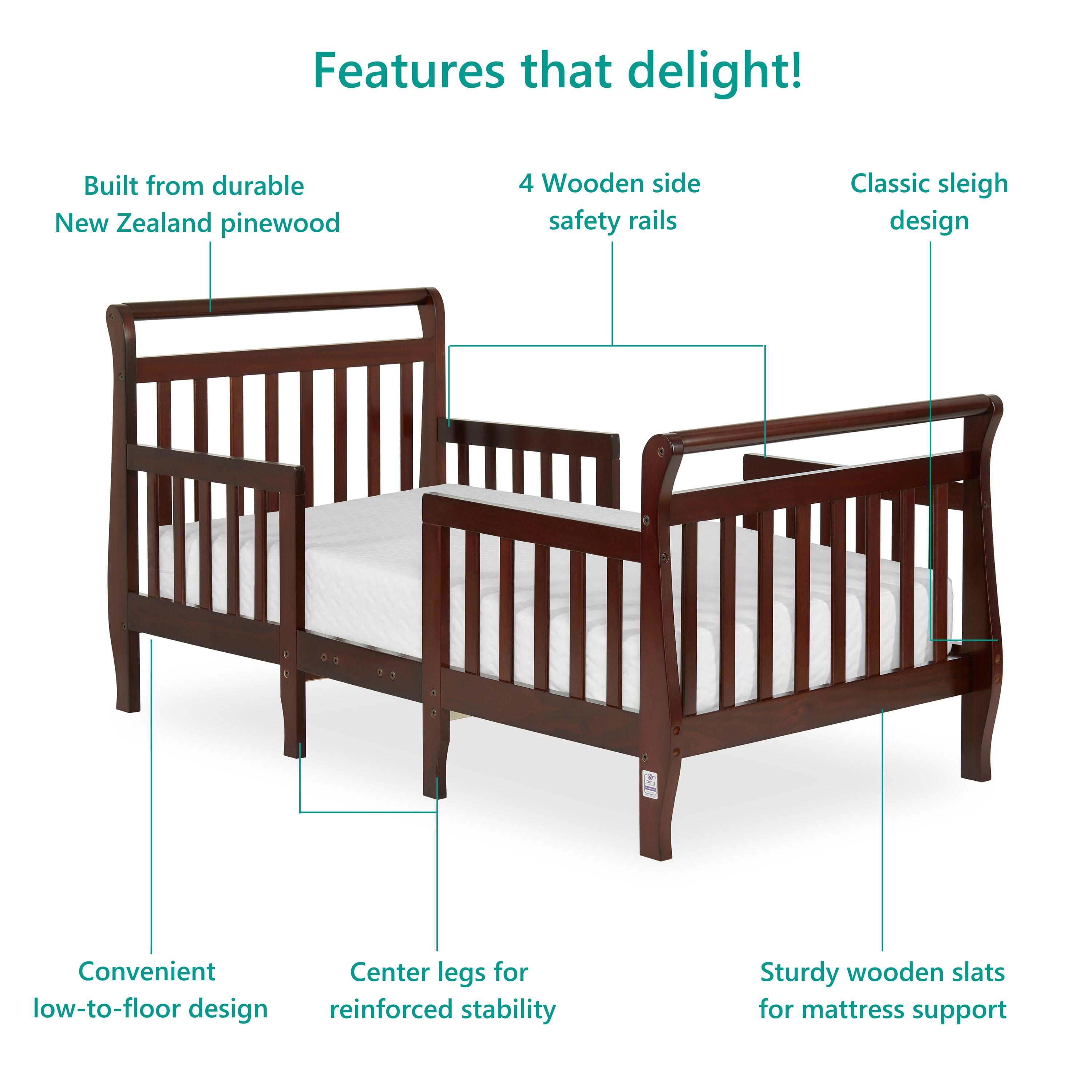 Dream On Me Emma 3-in-1 Convertible Toddler Bed, Espresso, Solid Wood Sleigh Design