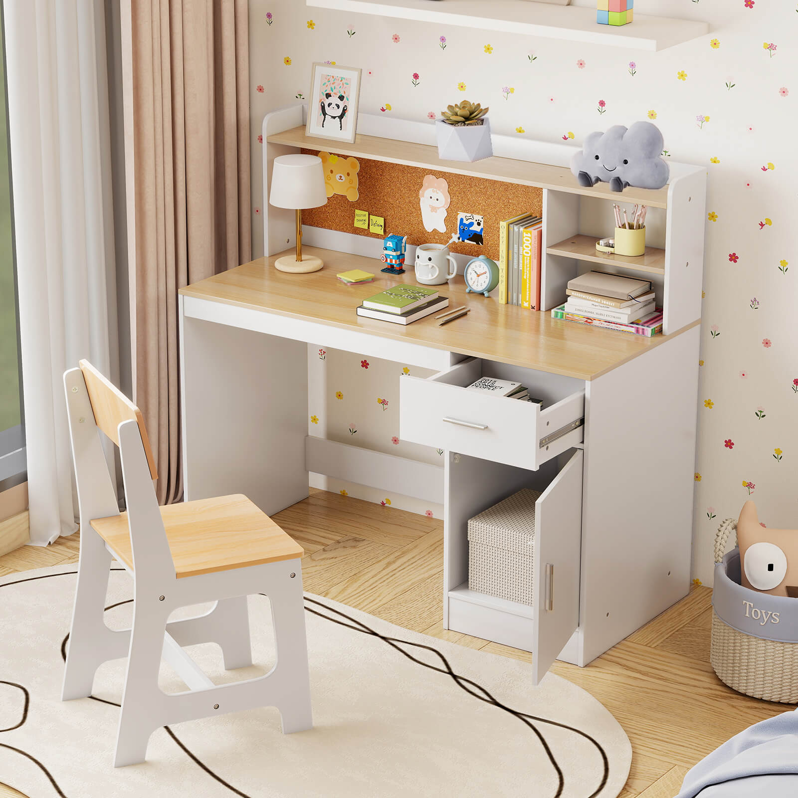 Costway Kids Study Desk and Chair Set Wooden Children Writing Table with Shelves & Drawer Beige