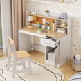 thumbnail image 2 of Costway Kids Study Desk and Chair Set Wooden Children Writing Table with Shelves & Drawer Beige, 2 of 9