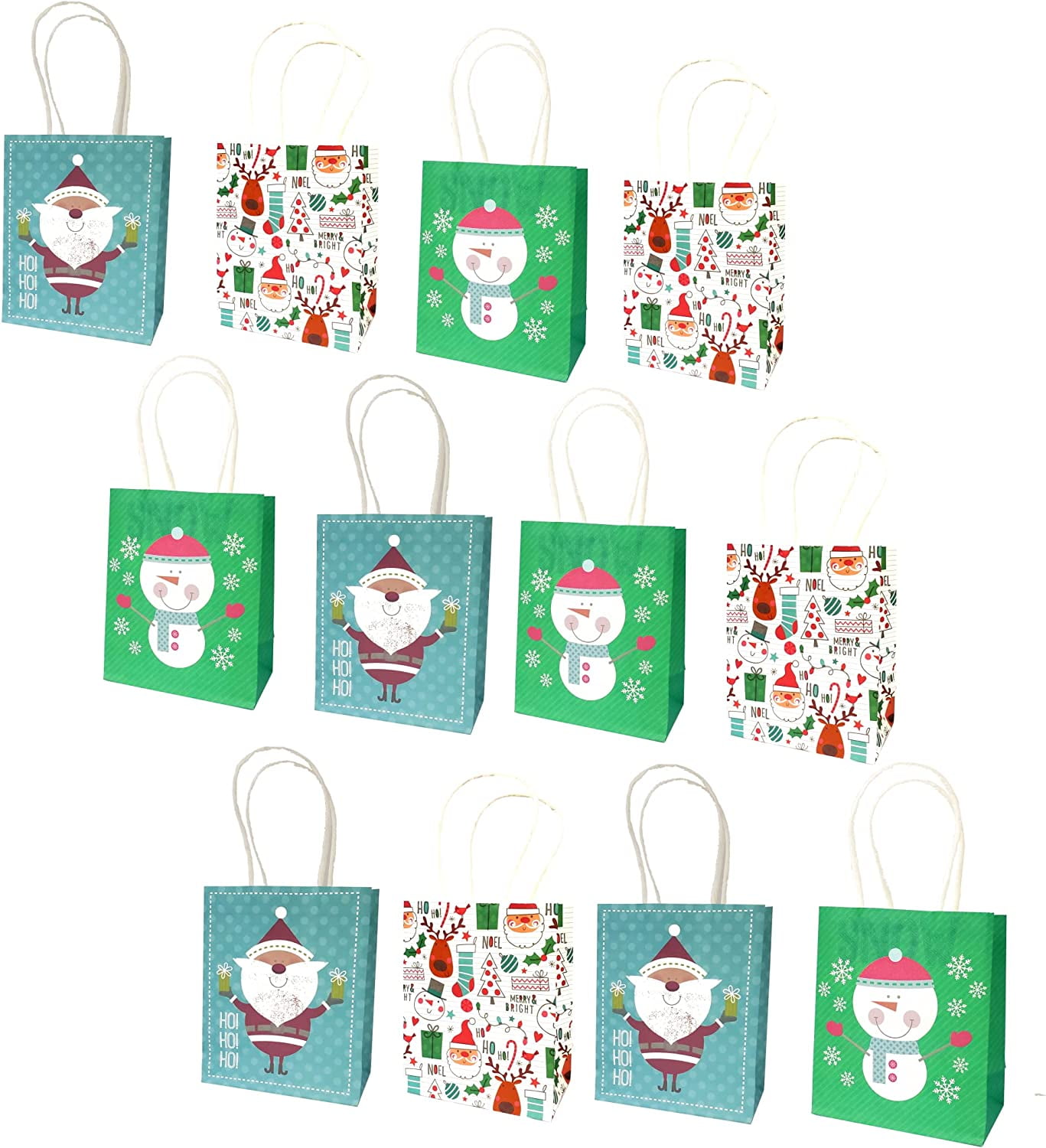 Christmas Small Printed Gift Bags White Kraft, 12 Pack