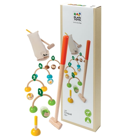 PlanToys® Wooden Croquet Outdoor Toy Set for Kids | Montessori Activity for Coordination, Strategy & Team Play | Eco-Friendly Educational Lawn Game