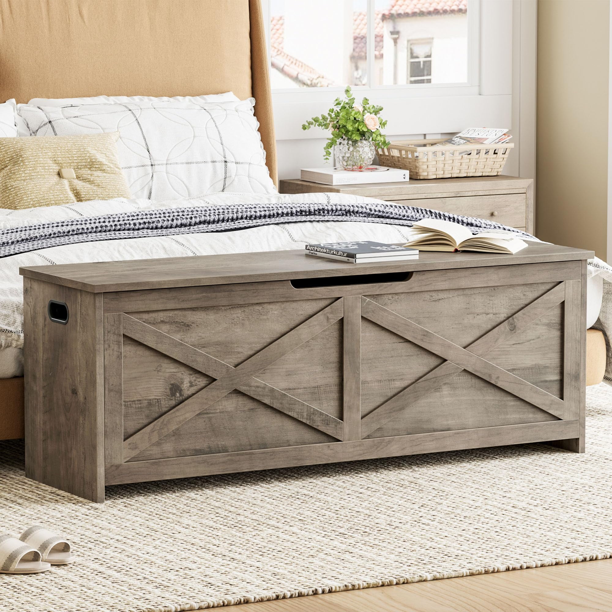 Huisuilinss Storage Chest,47" Wood Storage Bench,Large Storage Trunk,Farmhouse ToyChest,Shoe Bench With Safety Hinges For Entryway Living Room Bedroom