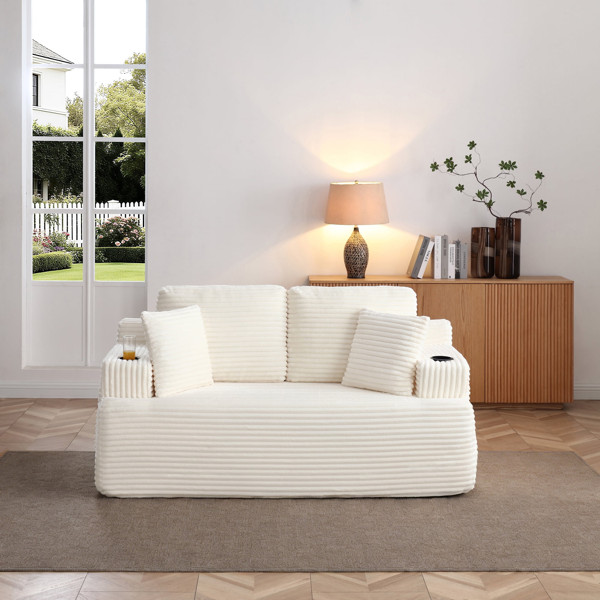 Boneless Loveseat, 2-Seater Floor Couch with Cup Holders and Side Pockets, Corduroy Fabric No Assembly Sofa for Small Space or Apartment, 66.5 Inch, Beige