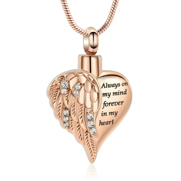 Heart Crystal Setting Wing Cremation Jewellery Urns For Ashes Keepsake Necklace Always on my mind forever in my heart