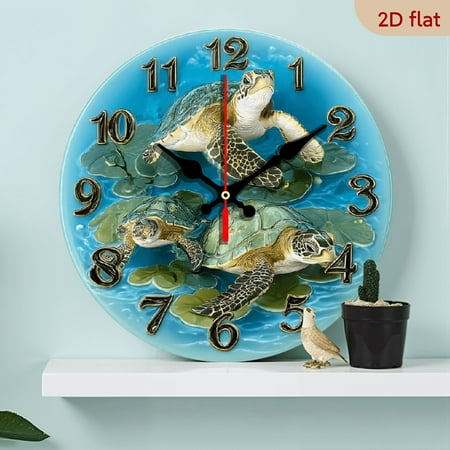 2D Flat 1pc 10Inch Wooden Silent wall clock, Modern retro rustic styleSea turtle wall clock with aquatic plants, Suitable for living room, kitchen and dining room decoration, Birthday