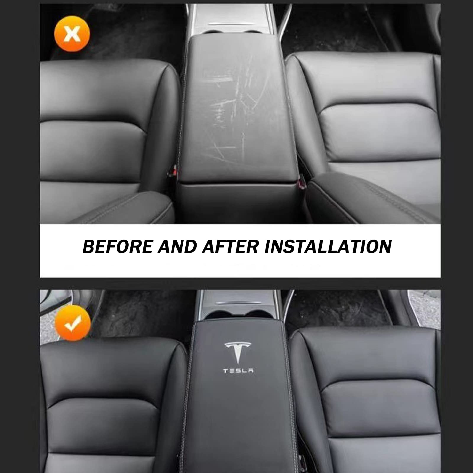 Center Console Cover for Tesla Model Y Model 3, Non-slip Armrest Cover for Tesla Model 3 Y Accessories, PU Leather Armrest Box Pad Protector (Black)