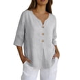 thumbnail image 2 of WTXUE Women Cotton Linen Button Up Shirt 3/4 Sleeve Casual Loose Top Beach Casual Boho Tops Lightweight Casual Tshirts Work Blouses Lightweight Casual Tshirts Plain Shirts Work Shirt Light Ashy L, 2 of 6