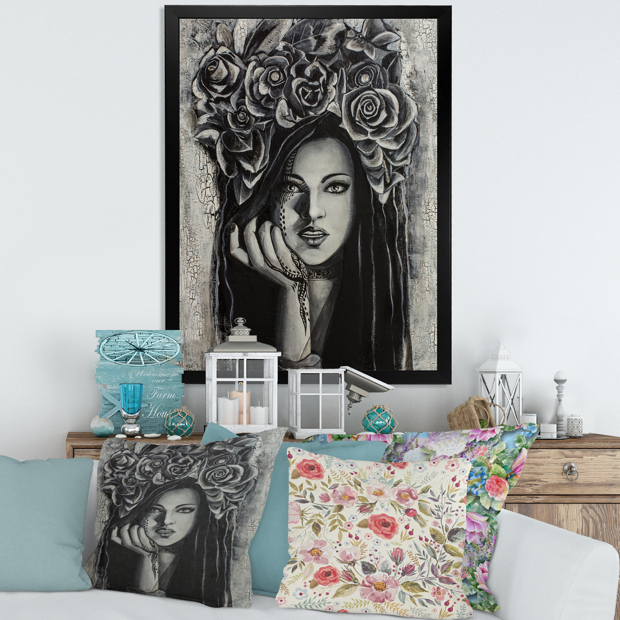 Designart 'Portrait Of A Young Woman With Flowers III' Modern Framed Art Print