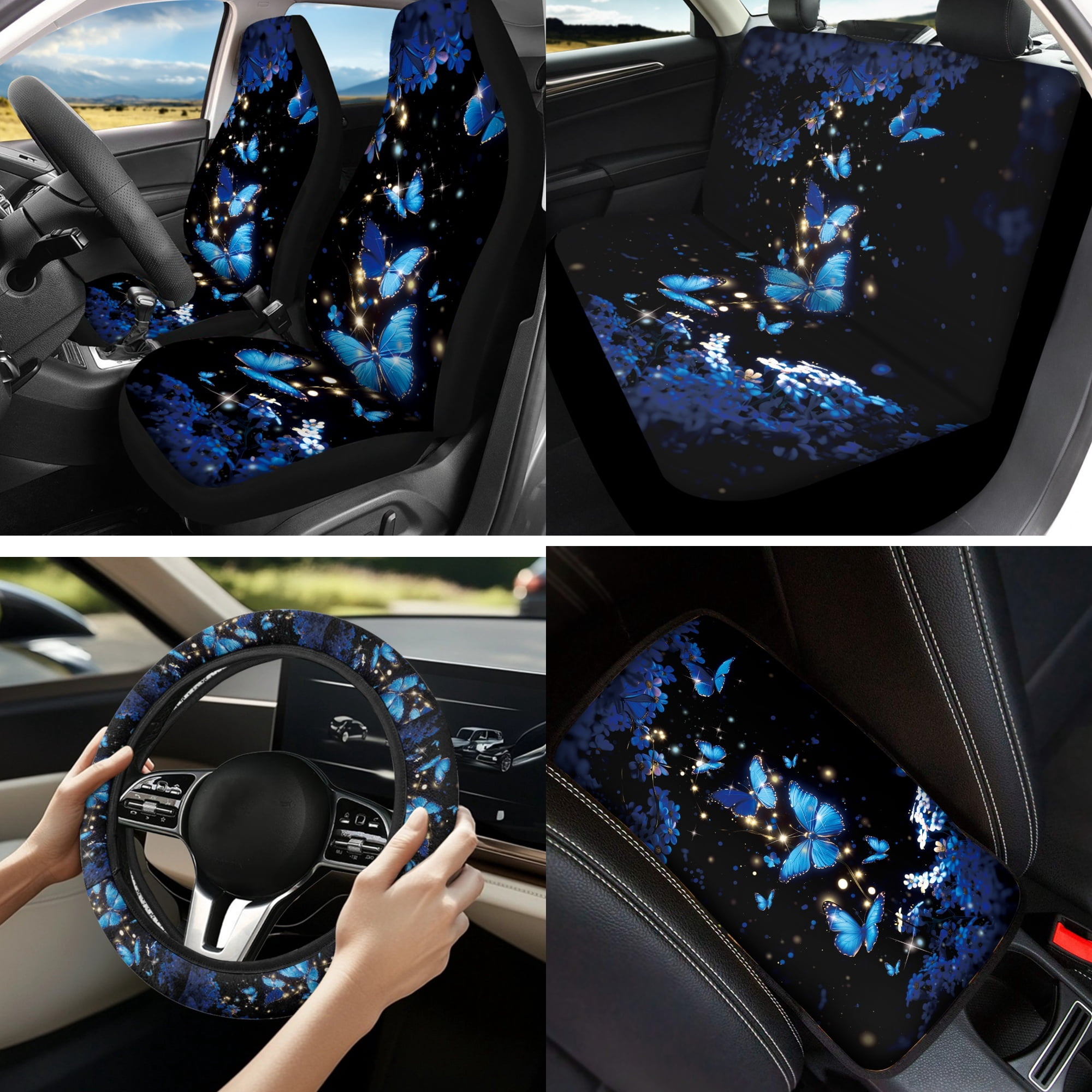 Jeiento Blue Butterfly 13 Pcs Car Front Rear Seat Covers Steering Wheel Cover Seatbelt Cushion Armrest Cover Lip Balm Holder Coasters Keychain Auto Interior Sets Universal Fit for Most Vehicles