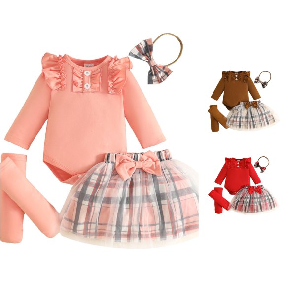 Ulitacool Girl Outfits Round Neck Cartoon Pattern Long Sleeve Rompers Skirts With Headbands Leisure Toddler Wear 12-18 Months Pink