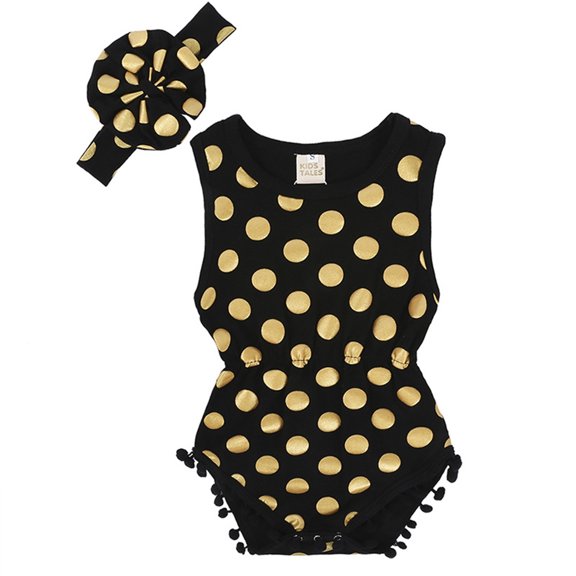 Baby Onesie Boys Girls Polka Dot Sleeveless Romper with Headband Baby Bodysuit Black 12-18 Months