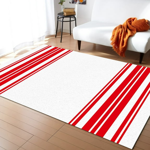 Striped Area Rug 4'x6' Colorful Stripes Red Wood Texture White Washable Area Rugs Non Shedding Floor Carpet Rubber Backing Non-Slip Indoor Mats for Living Room Bedroom Kitchen