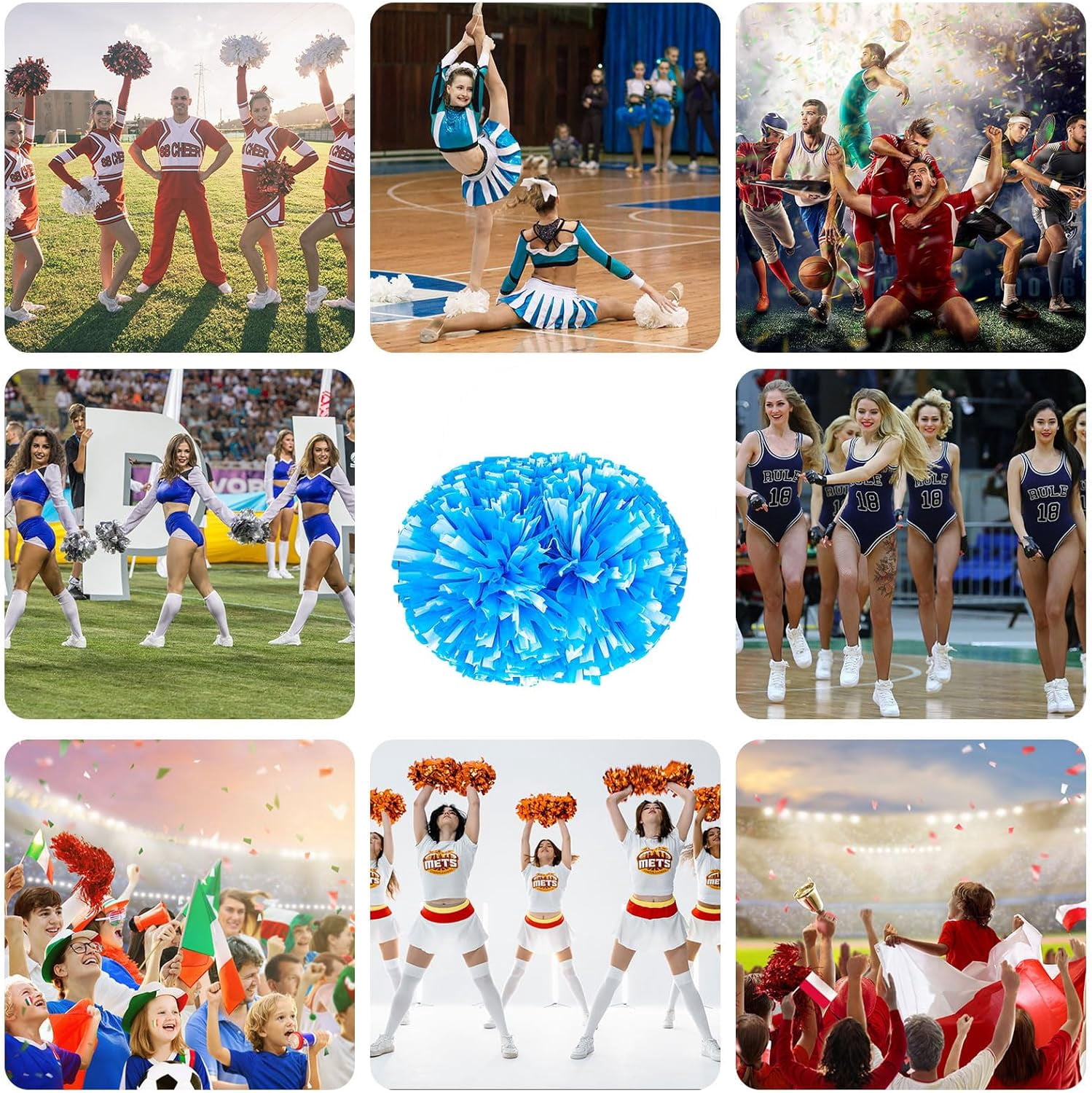 12 PCS pom poms Cheerleading,13.8inch Sports Team Spirits Cheering Squad Dance Training with Handle