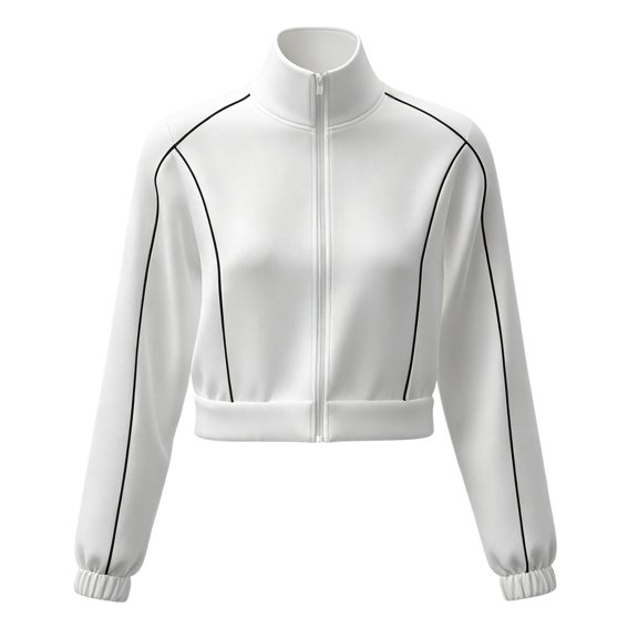 Women's Zip Up Cropped Jacket Long Sleeve Stand Collar Striped Trim Casual Track Jacket Elastic Cuffs Short Athletic Outerwear White,XXL