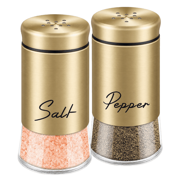 Himonut Salt & Pepper Shakers Set, 2 Pack 5 oz Refillable Glass Shakers for Farmhouse Kitchen Table, Gold