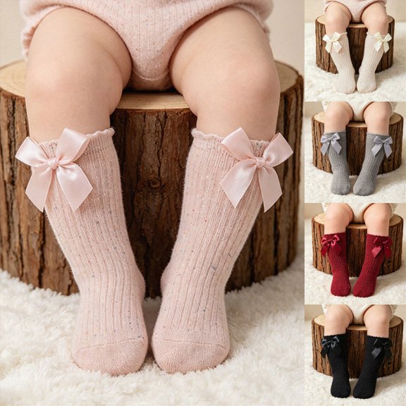 Toddler Baby Girl Ruffle Socks Frilly Turn-Cuff Crew Socks Solid Color with Cute Bow Soft Breathable Casual Dress Socks 0-12 Months 1T 2T 3T 4T 5T Kids