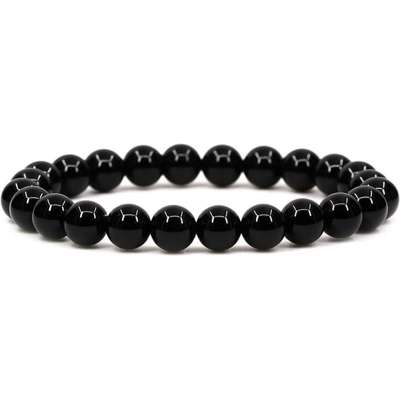 Amandastone Black Tourmaline Gemstone 8mm Round Beads Stretch Bracelet 7 Inch