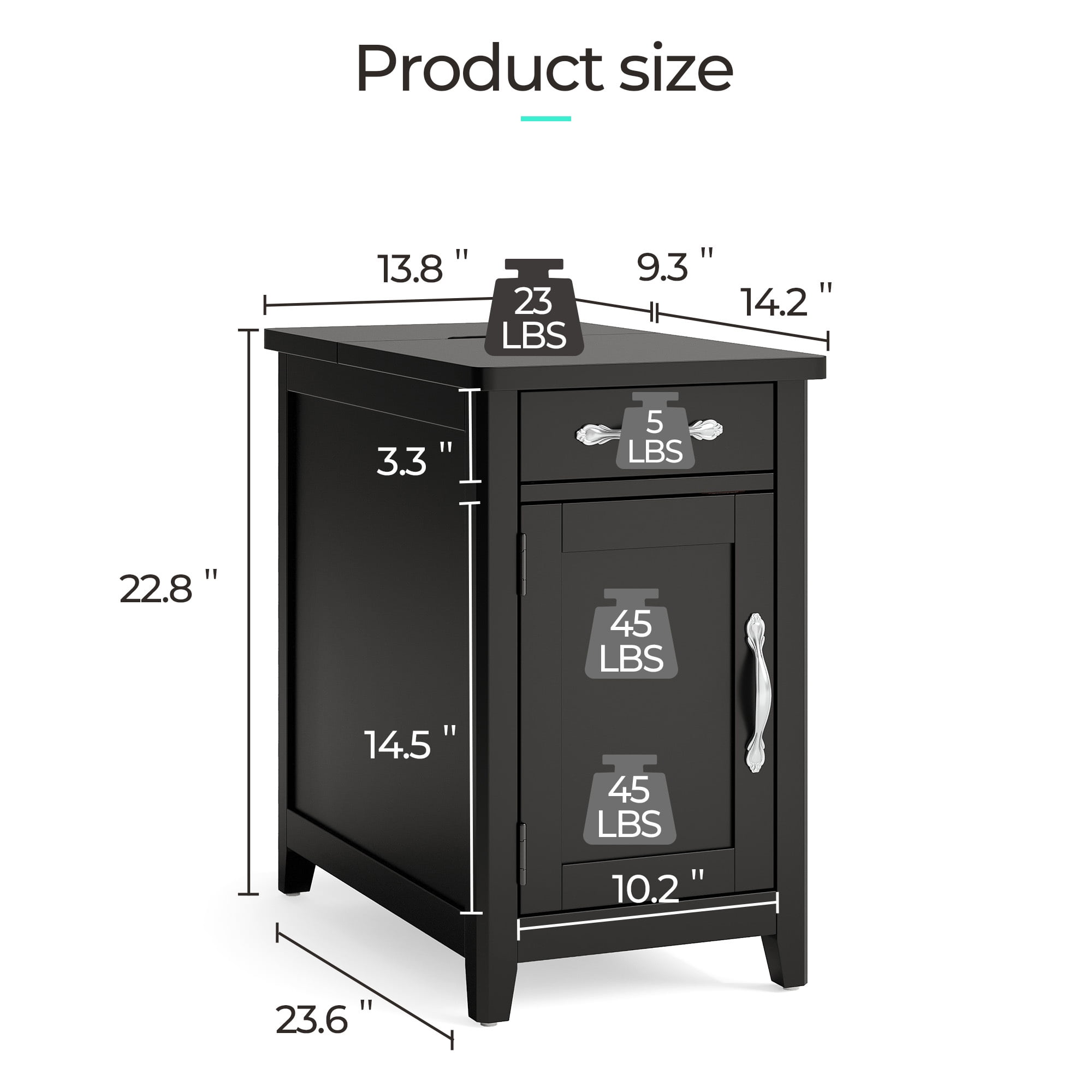 LINSY HOME End Tables for Living Room with Charging Station, Nightstand for Bedroom with Drawer and Detachable Holder,Black