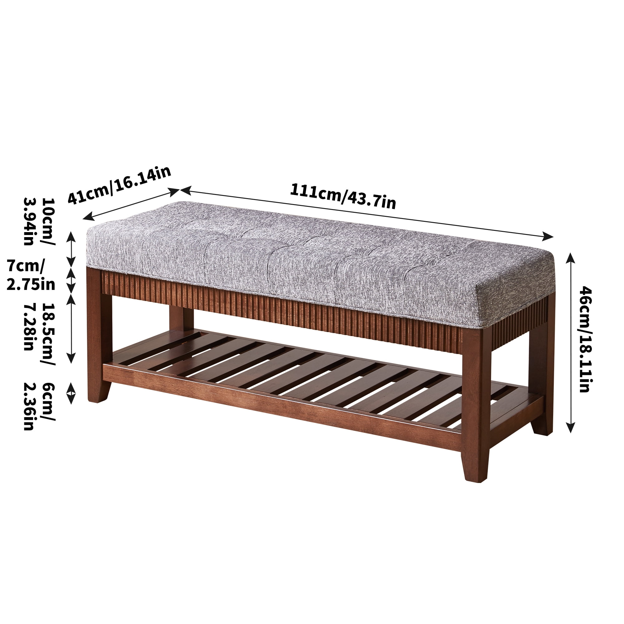 Garitin Entryway Bench and Solid Wood Shoe Bench 43.7 Inch, Upholstered Storage Bench with Padded Cushion and Lower Shoe Rack for Foyer, Gray