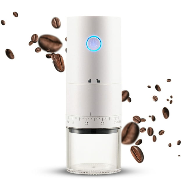 yeacher Portable Ceramic Coffee Grinder with 38 Adjustable Grind Settings, 25g Bean Capacity, 120ml Powder Bin, Micro-USB Charging, Built-in 1500mAh Battery, and Cleaning Brush - White