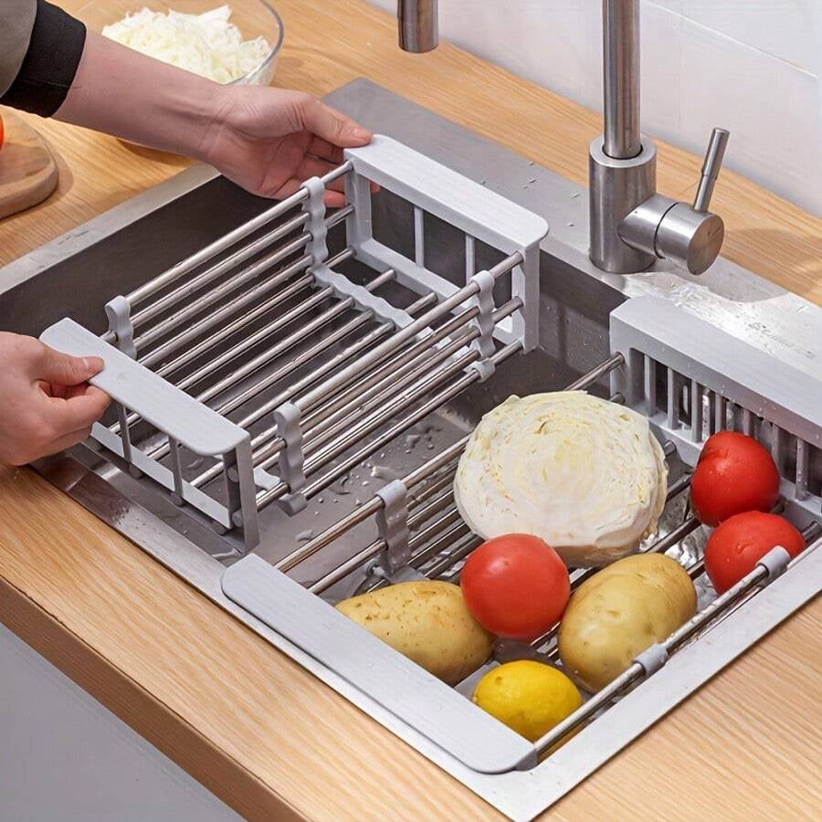 Stainless Steel Telescopic Drainage Basket, Kitchen Drainage Rack, Sink, Household Fruit And Vegetable Washing Basket, Dish Drying Rack