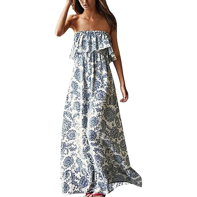 Robes d'Été pour Femmes Bleu et Blanc en Porcelaine Sans Bretelles Boho Maxi Longue Robe