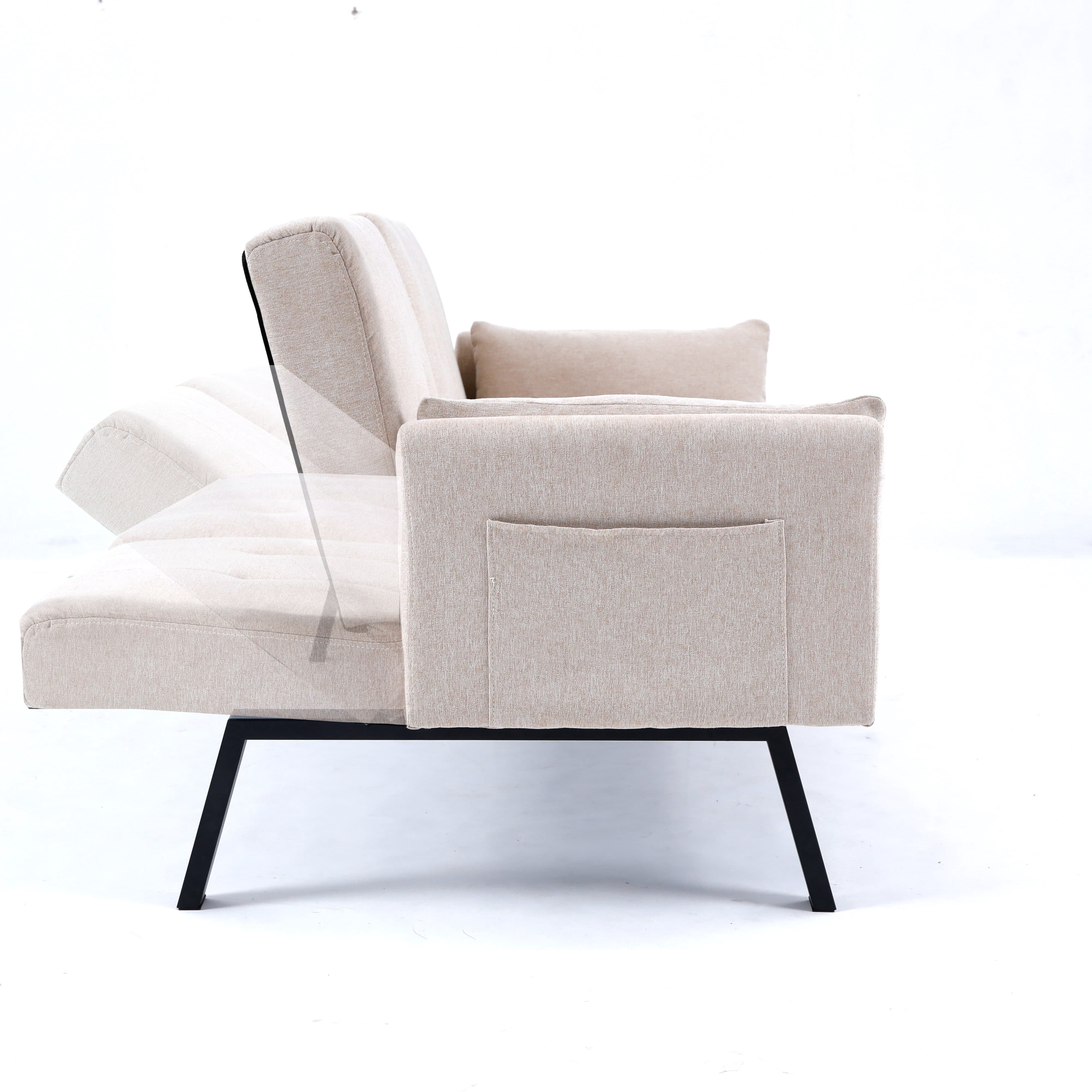 MAYEERTY 70" Linen Sofa Bed Foldable Sofa Couch with Cup Holder and Side Storage for Living Room, Bedroom and Apartment, Beige