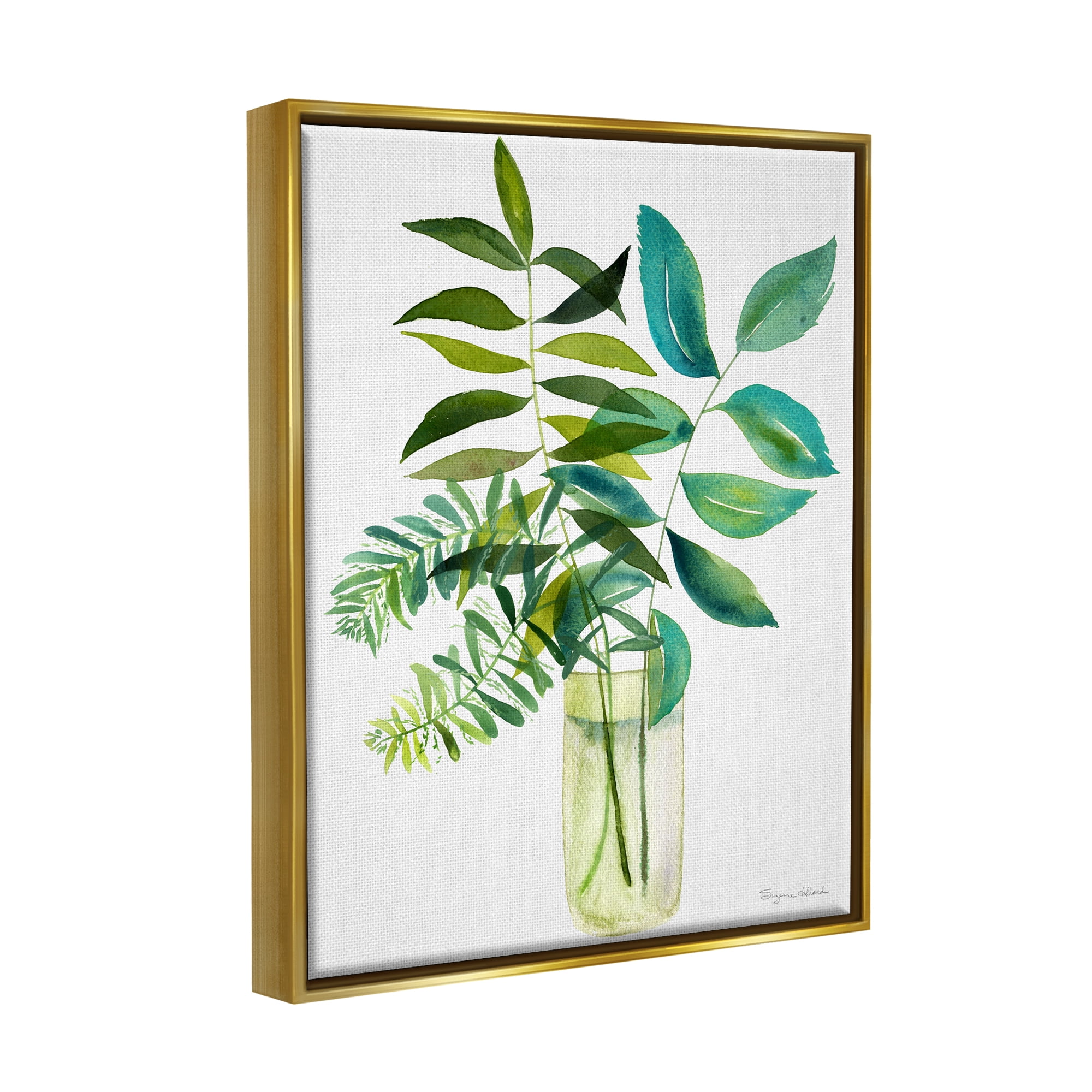 Stupell Industries Simple Green Leaf Sprigs Vase Botanical & Floral Painting Gold Floater Framed Art Print Wall Art